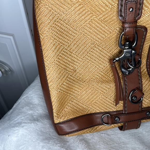 Francesco Biasia Beige Straw Brown Faux Leather Purse Shoulder Bag Satchel Tote - Picture 14 of 14